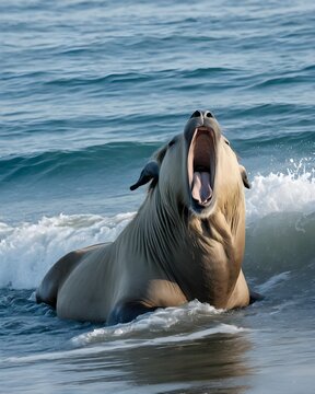 A light  takin genetic hybrid fantasy animal, fictional species ,  in a surf zone