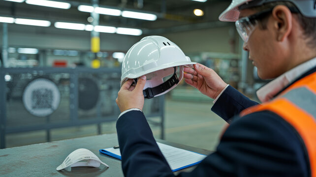 Industrial engineer inspecting safety helmet in modern factory environment, workplace protection and engineering quality control concept with professional industrial infrastructure and manufacturing t