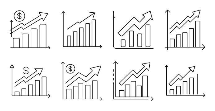 Flat stock market trend icons set - Colorful set of eight flat icons showing upward, downward, and stable stock market trends in a clean vector style.