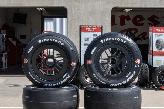 Firestone Firehawk tires prepared for the Indianapolis 500. Firestone tires are the exclusive tire of IndyCar.