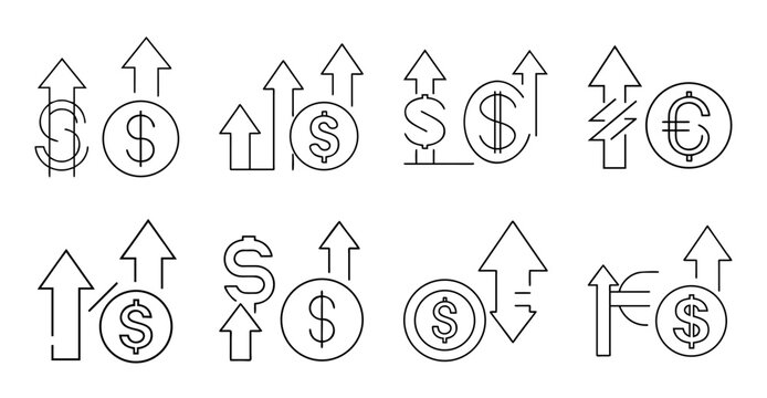 Upward arrows with dollar signs and euro icons - Colorful vector arrows pointing up combined with dollar and euro symbols in a modern design style.