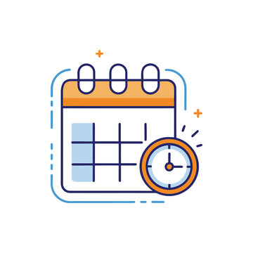 A stylized graphic illustration of a calendar grid next to a circular clock symbolizing time management
