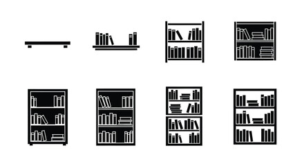 Set of isolated black vector icons representing bookcases and shelves with various books for library furniture design and interior decoration web elements. © Ndjeo