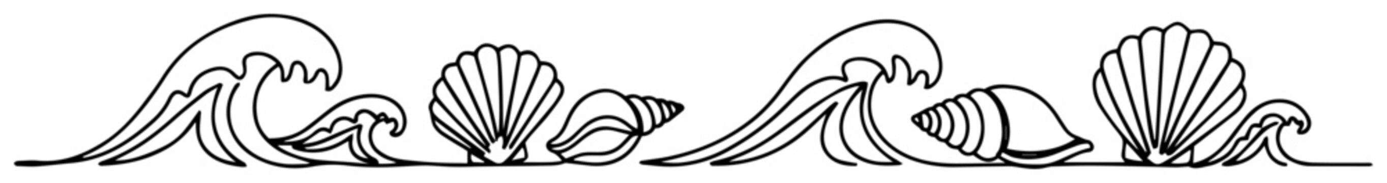 sea waves and shells border one line drawing