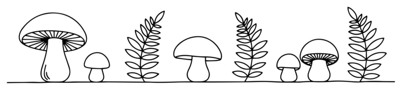 mushrooms and fern leaves border line art
