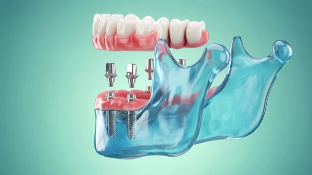 3D medical animation of an all-on-4 dental implant procedure on a transparent human jawbone, showing the precise placement of titanium screws, abutments, and a full denture.