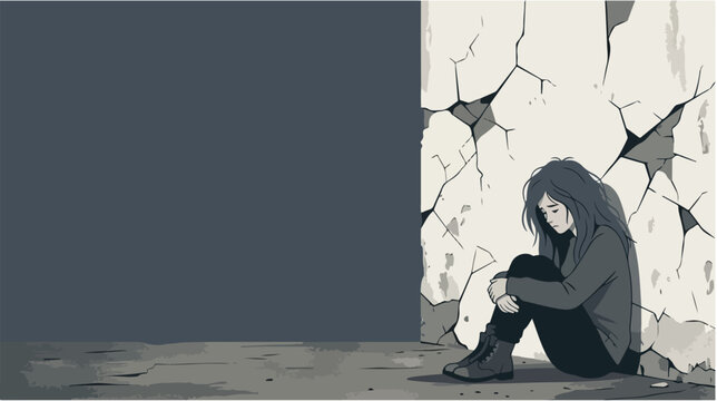 Depressed woman sitting alone on the ground in despair.