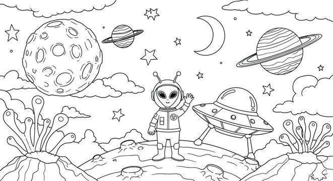 Outer space scenery with alien astronaut waving near saucer spaceship on planet surface with crater moon and planets for kids coloring book page art.
