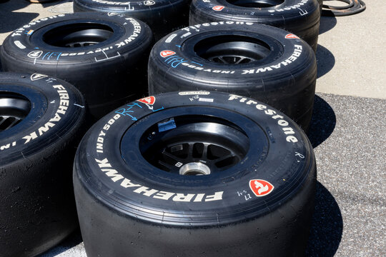 Firestone Firehawk tires prepared for the Indianapolis 500. Firestone tires are the exclusive tire of IndyCar.