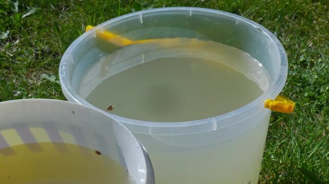 Close up of plastic buckets filled with water for gardening with gentle ripples on the water surface