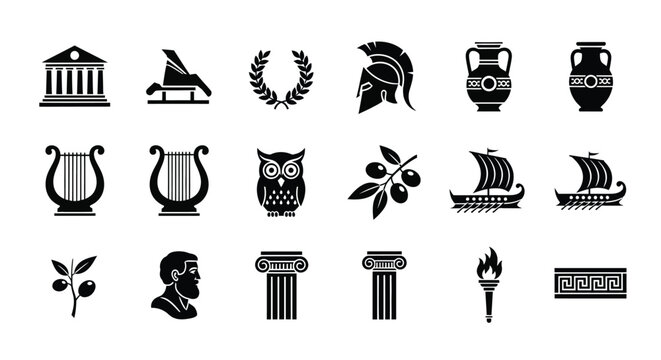 Ancient greek history and mythology icons set featuring temple amphora gladiator helmet olive branches owl and ships in black silhouette vector graphics.