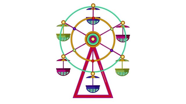 Smooth looping animation of a vibrant flat design Ferris wheel rotating against a plain white background, featuring colorful passenger cabins and abstract line art style.