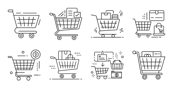 Shopping cart icons with different status symbols - Flat vector icons of shopping carts showing various status symbols like delivery, sale, and empty cart.