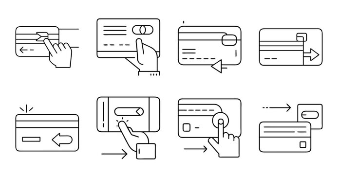 Hand scanning credit card and mobile payment icons - Illustrated icons showing hand interactions with credit card, QR code, and mobile payment terminals.