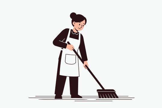 Cheerful female housemaid wearing an apron and sweeping the floor with a traditional long-handled broom in a simple flat illustration.