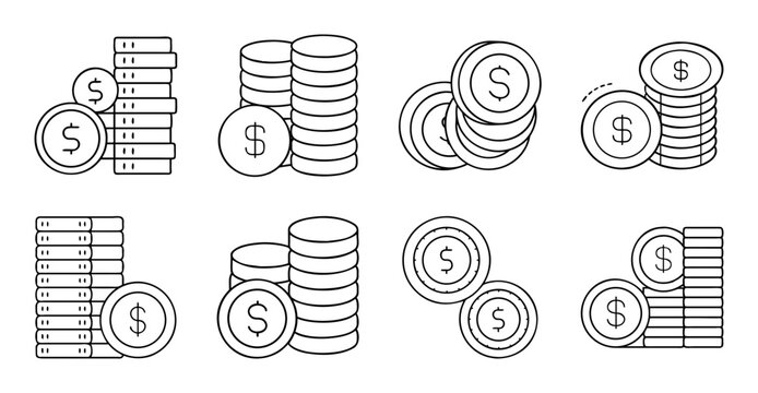 Flat icons showing money and coins in stacks - Colorful flat icons illustrating different stacks of coins and money bags for financial or business themes.