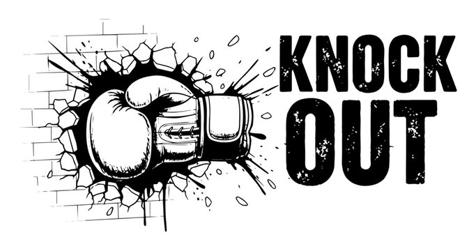 knock out boxing glove punching through brick wall vector