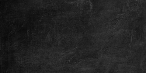 Fototapeta premium Black chalkboard texture background with subtle chalk dust streaks and smudges for copy space. Textured dark gray to black chalkboard or slate surface.