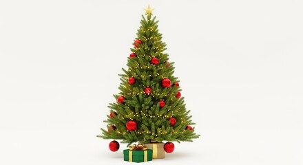 Fototapeta premium A beautifully decorated evergreen Christmas tree glows with golden lights, adorned with shiny red baubles and a wrapped gift underneath, red, illumination, needles