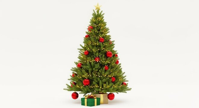 A beautifully decorated evergreen Christmas tree glows with golden lights, adorned with shiny red baubles and a wrapped gift underneath, red, illumination, needles