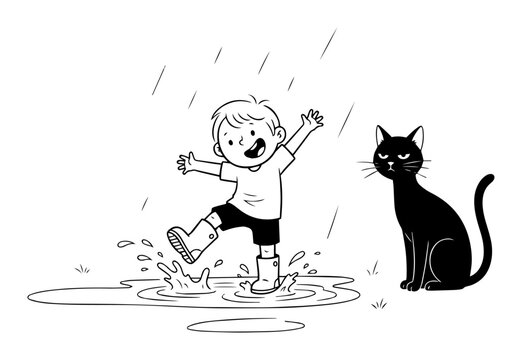 happy boy jumping in rain puddle with annoyed cat vector