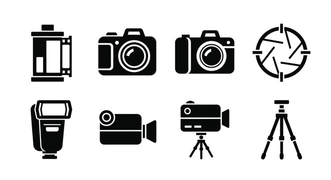 Set of photography equipment icons, including cameras, film roll, flash, video camera, tripod, and aperture, in black solid style.