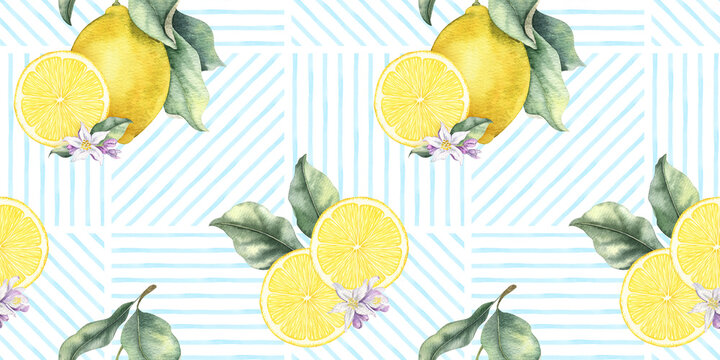 Lemon branch, slices Amalfi coast watercolor seamless surface pattern design. Mediterranean background of citrus fruits and blue stripes mosaic. Italian repeat print for tablecloth, textile, wrapping