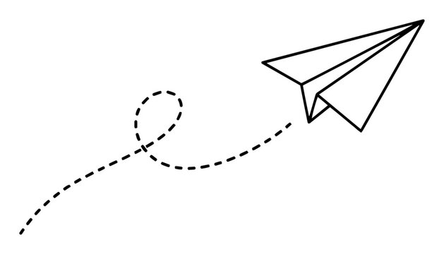 minimal paper airplane dashed flight path black and white vector illustration