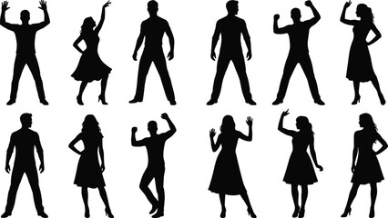 Black silhouette illustration of diverse human figures in expressive poses, showcasing dance, gesture, confident stances, and dynamic artistic body language © Rokon