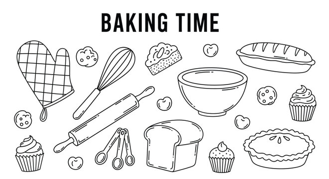 Collection of hand-drawn baking items, including oven mitt, whisk, rolling pin, mixing bowl, bread, pie, and cupcakes, for cooking themes.