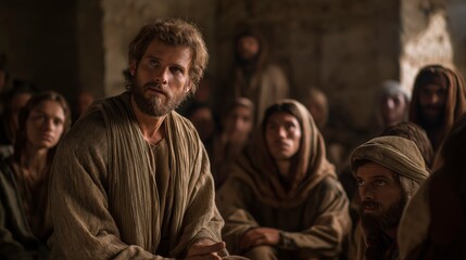 Obraz premium In a humble house gathering, Paul calmly explains the message of Christ to a small group of listeners, creating an atmosphere of quiet faith and understanding. 