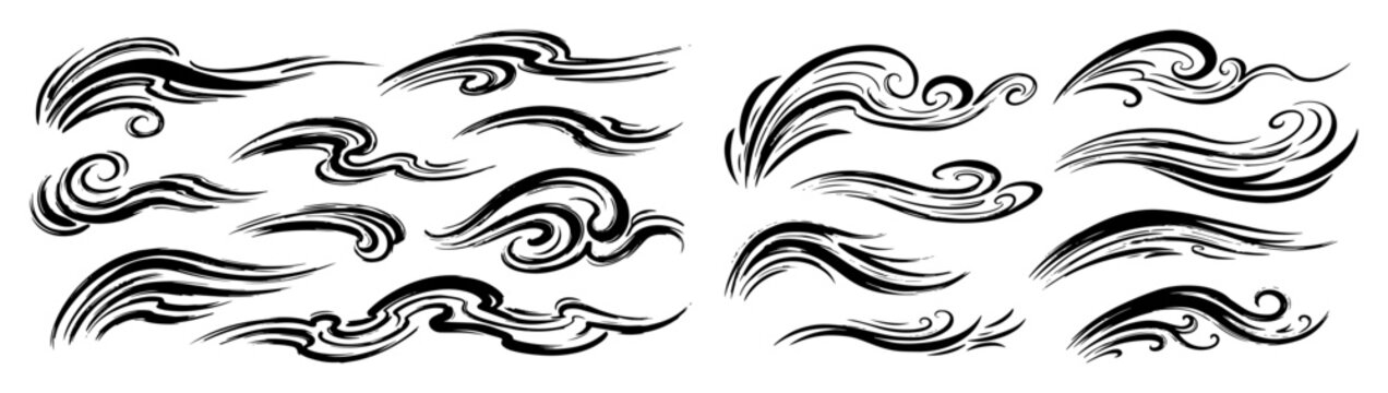 japanese style clouds wind and smoke swirls vector set