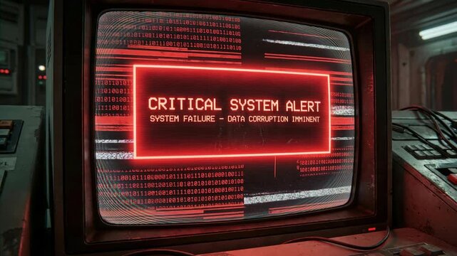 Footage of an old retro computer monitor displaying a glowing red critical system alert, warning of imminent hardware failure and data corruption with static glitches.