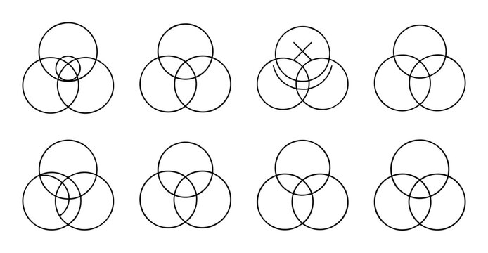Venn diagrams with three intersecting circles - Simple vector illustration showing three overlapping Venn diagrams in various symmetrical arrangements.