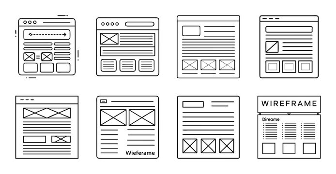 Wireframe mobile and web app interface designs - Collection of clean wireframes showing mobile app and web interface layouts with placeholders for content and navigation elements