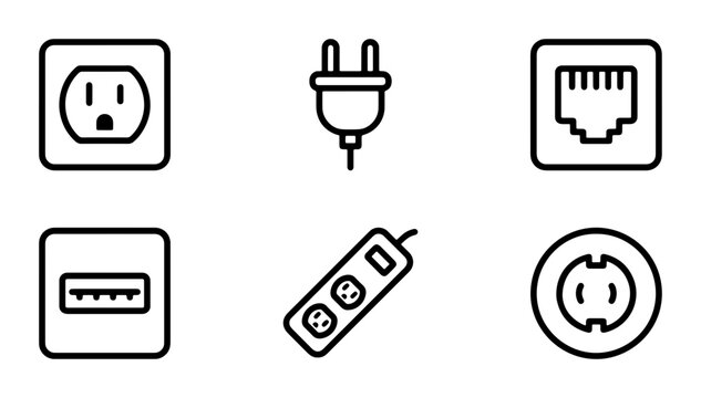 Electrical Outlet Icons Set: USB, Power Plug, RJ45, Socket, Surge Protector for Technology and Connectivity