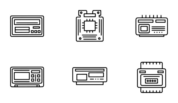Computer Hardware Icons: Motherboard, CPU, RAM, Drive, Network Card, Power Supply Unit Vector Set