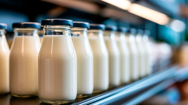 Rows of bottled milk on supermarket shelf representing dairy production, freshness and healthy nutrition