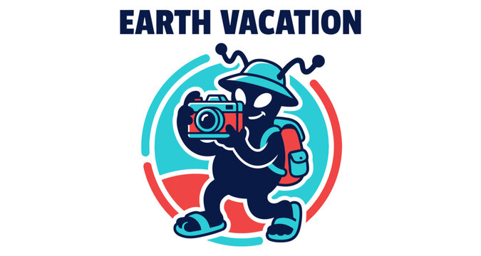 Alien tourist taking photos during earth vacation with backpack and hat in silhouette style