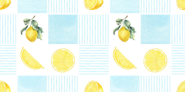 Lemon branches, slices Amalfi coast background of Positano style. Citrus fruits watercolor seamless pattern with striped blue mosaic tile. Summer Sicilian print for fabric, bedding, tablecloth