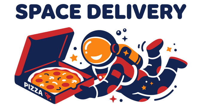 Astronaut delivering pizza in space during a cosmic journey with starry background vector silhouette