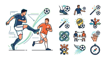 Fototapeta premium Vector illustration of soccer players in action on a white background with a collection of sports strategy icons depicting football tactics, training drills, and game analysis.
