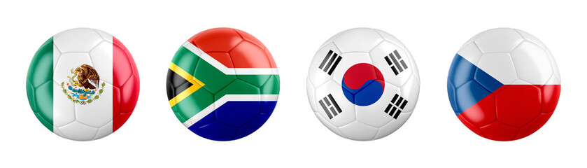 Fototapeta premium World Cup 2026 GROUP A teams ball flags. 3d illustration.
