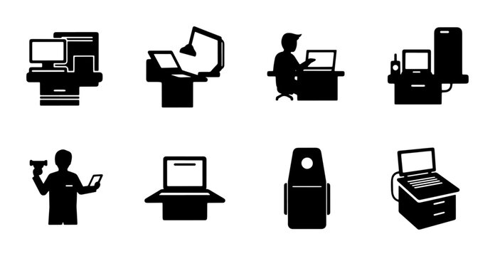 Modern Office Technology Icons: Computer, Laptop, Desk Setup, Workstation, and Gadgets