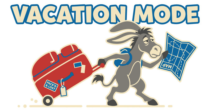 Donkey with suitcase and map in vacation mode silhouette vector illustration