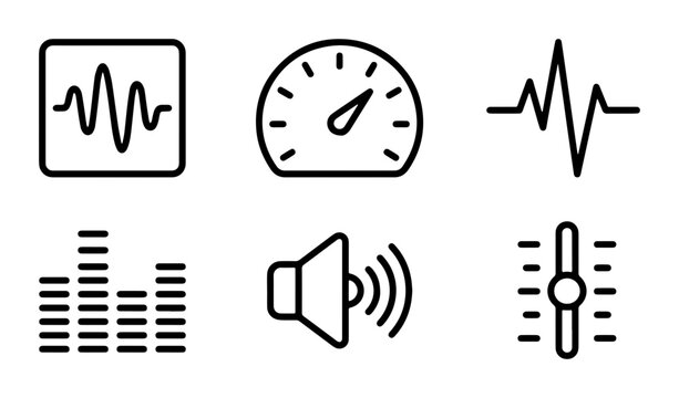 Audio Waveform Icons, Sound Meter, Equalizer, Speaker Volume, Control Slider, Vector Graphics