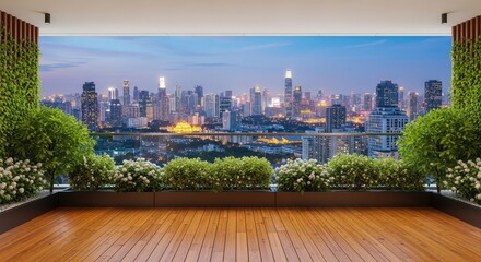 Fototapeta premium A contemporary balcony featuring warm wooden flooring and lush green foliage overlooks a sprawling urban landscape with bright city lights, glowing, evening, modern