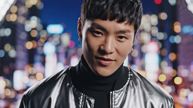 Young man in shiny bomber jacket with blurred city lights at night