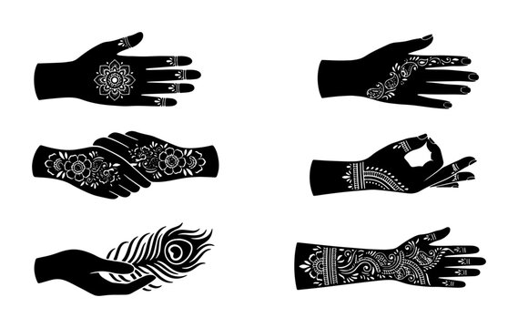 Intricate Henna Hand Designs, Black Silhouette Vector Art Set for Mehndi and Body Art Applications