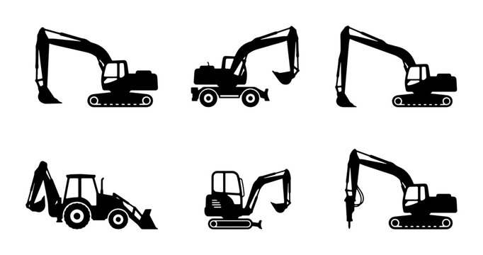 Excavator Icons Set, Construction Equipment Silhouettes, Heavy Machinery Vector Graphics, Digging Machine Collection